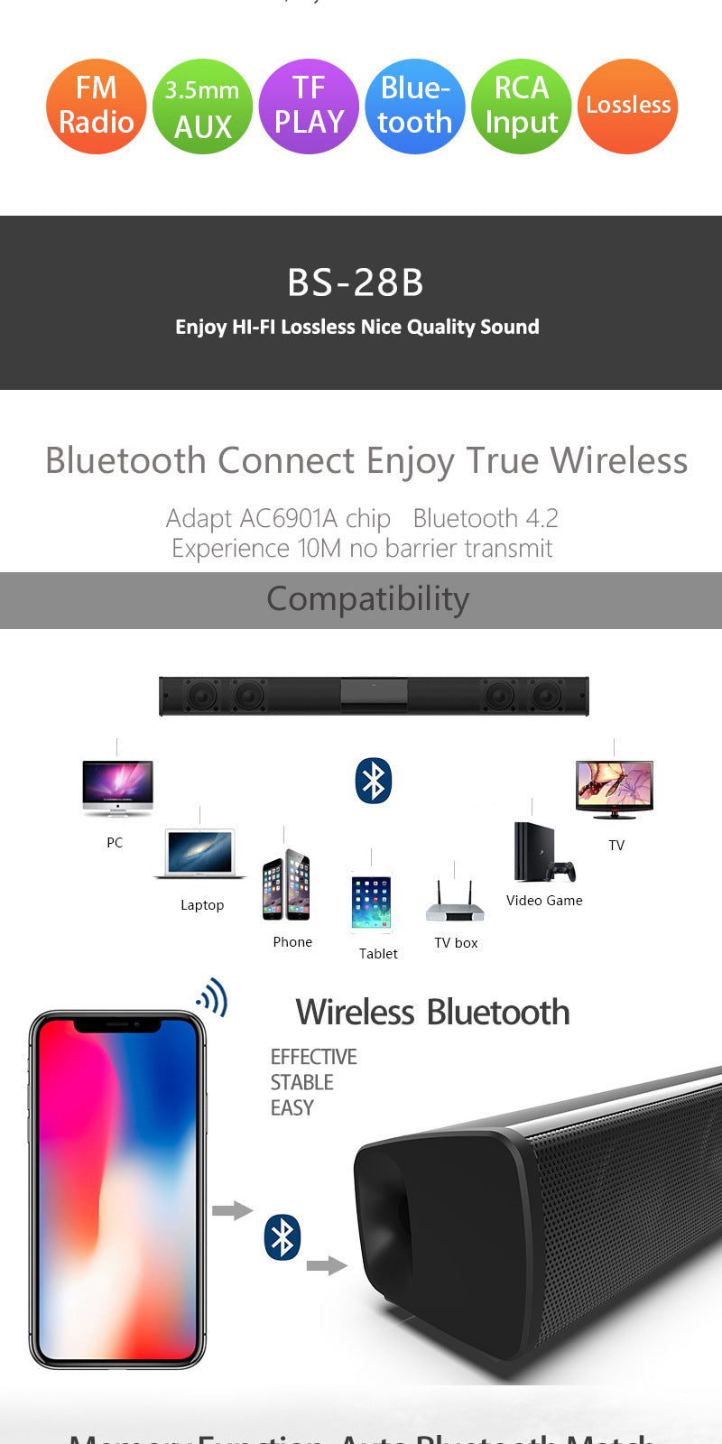 Bluetooth TV Soundbar Speaker System For Home Audio